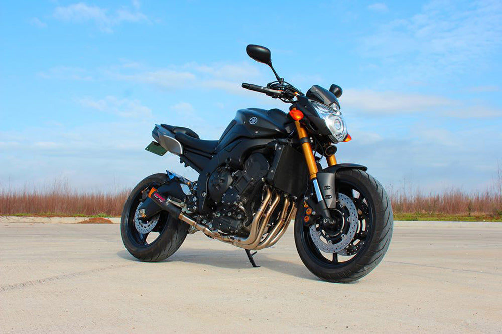 Yamaha FZ8 motorcycle with gold anodized Coffman's exhaust installed