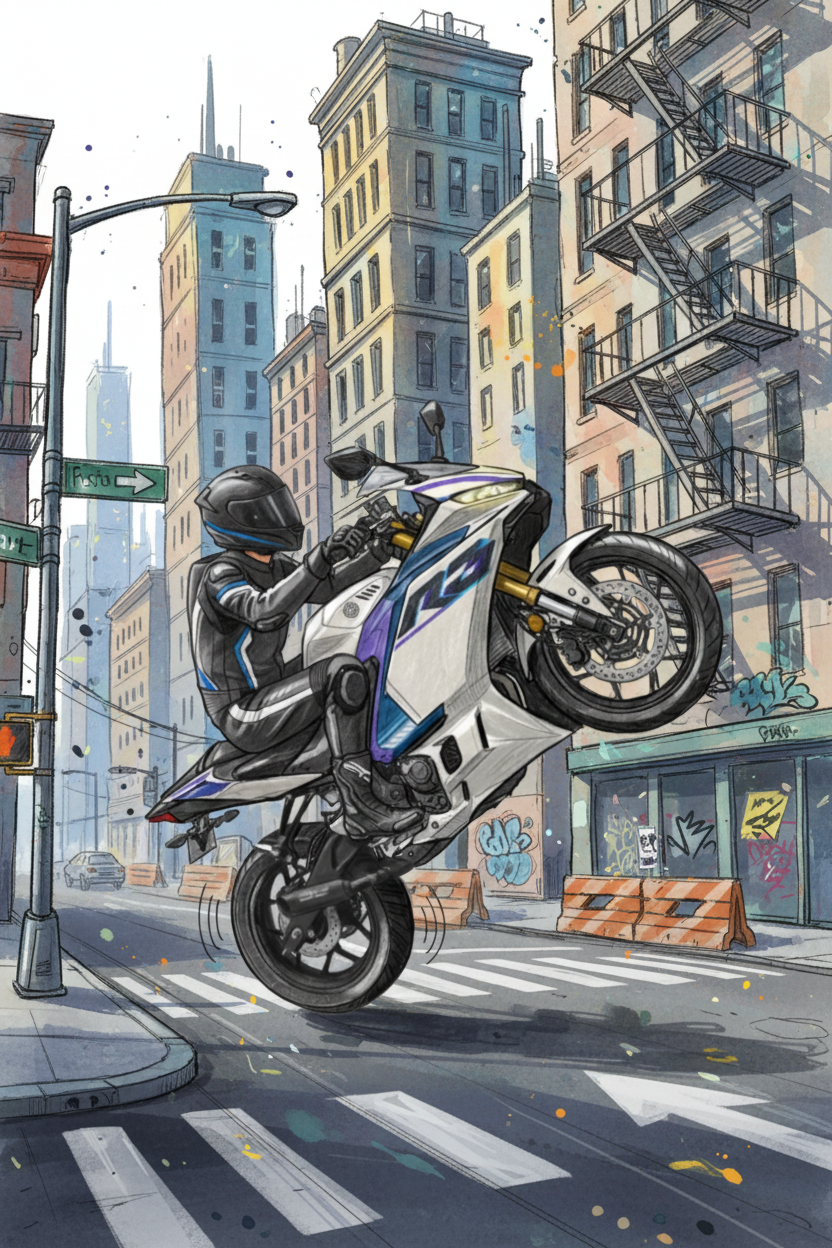 Drawn urban background for wheelie rider