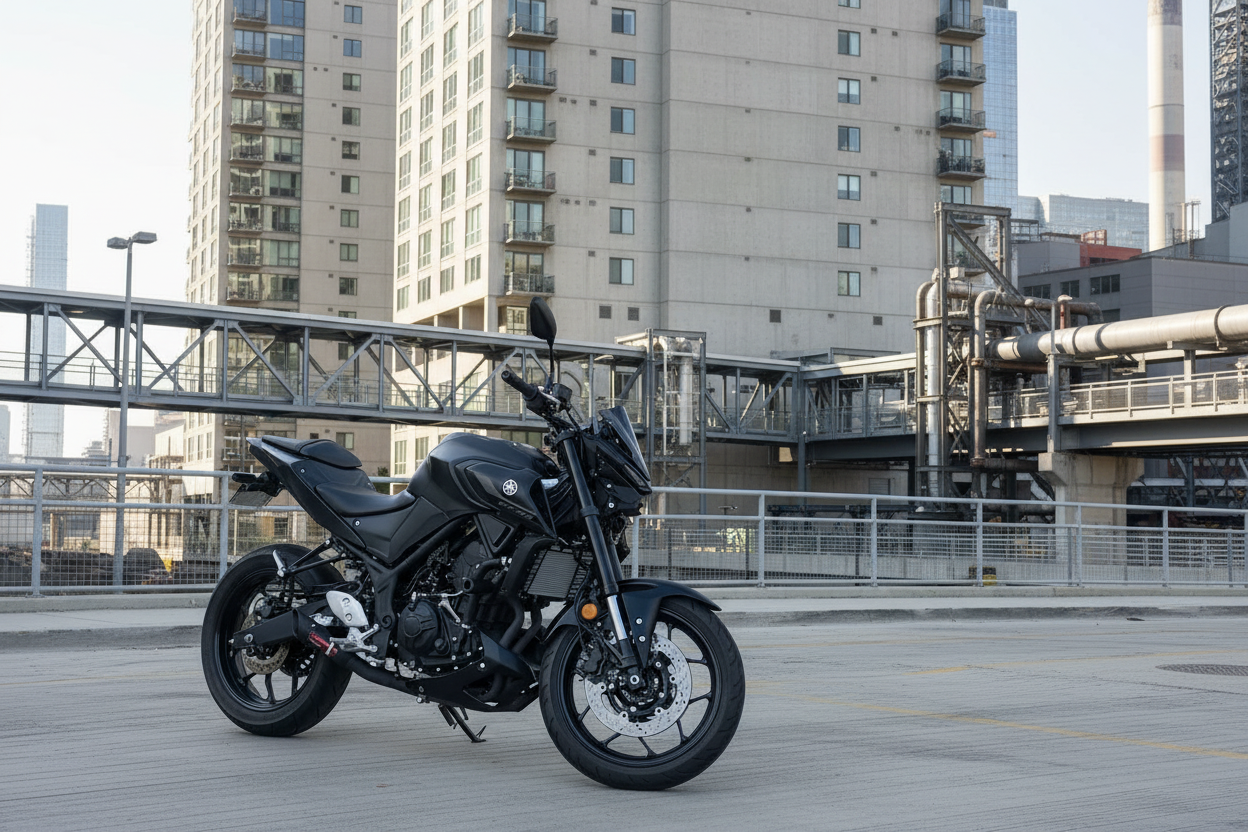 MT-03 with urban background - motorcycle preserved